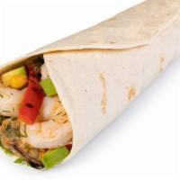 Shrimp Burrito · Grilled Burrito made with melted cheese, beans, rice, onions, tomatoes, and shrimp.