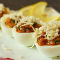 Egg Katori: · 6 X half boiled eggs filled with Masala topped with cheese