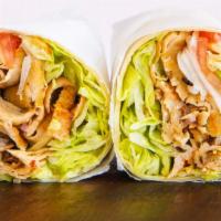 Chicken Gyro Wrap · Comes with pita bread. Choice of white bread or flat bread wrap with pickles and fries.