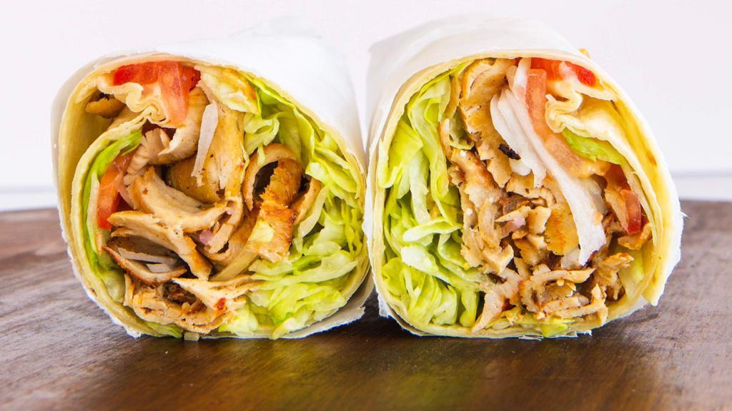 Chicken Gyro Wrap · Comes with pita bread. Choice of white bread or flat bread wrap with pickles and fries.