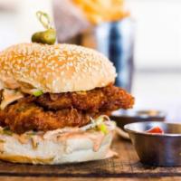 Fried Chicken Sandwich Plate · Chipotle aioli , homemade slaw,french fries.