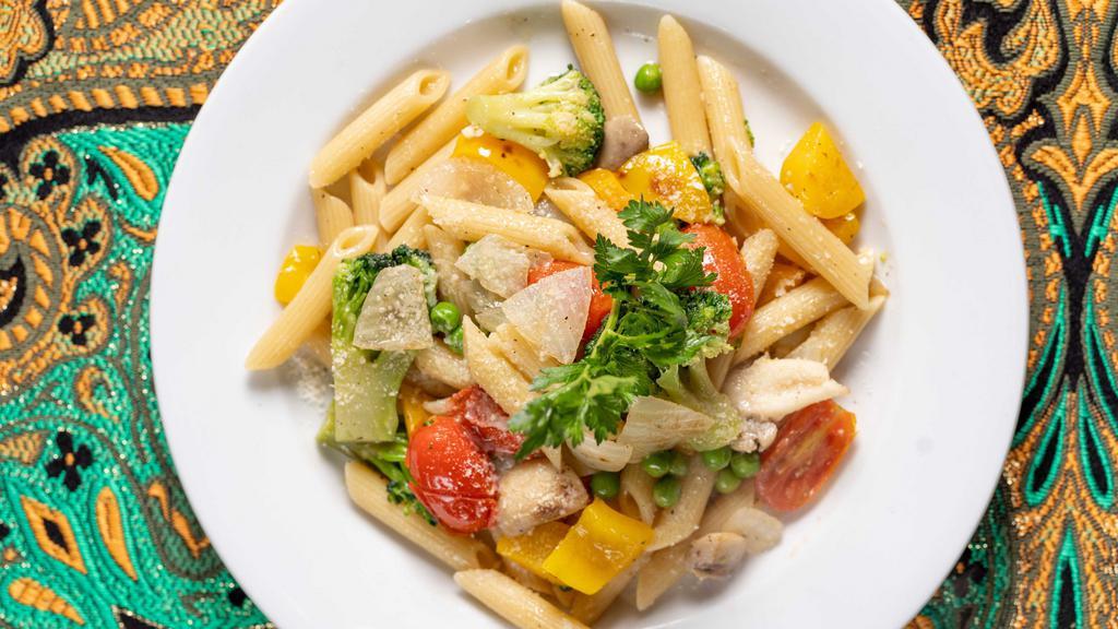 Penne Primavera · A rich melange of vegetables sautéed with garlic extra virgin olive oil served over penne pasta.