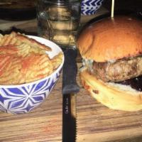 'Lam' Burger · Lamb burger with kaia pickled cucumbers sour cherry compote local roquefort on brioche with ...