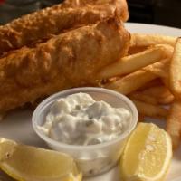 Fish & Chips · Beer battered Cod filet served with French fries and tartar sauce.