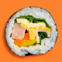 Cheese Kimbap / 치즈 김밥 · Cheese, ham, carrot, egg, spinach, tempura, sweet radish.
