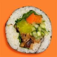 Vegetable Kimbap / 야채 김밥 · Mushroom, avocado, gourd strip, carrot, egg, spinach, tempura, sweet radish.
