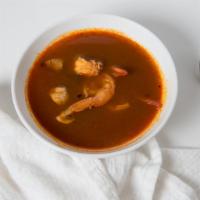 Gf Tom Yum Goong Soup · Thai famous spicy and sour lemongrass soup with shrimp and fresh mushrooms.