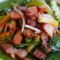 Spicy Pork Belly & Basil (L) · ***Medium spicy. Pineapple, onion, bell pepper, chili, sweet pepper, and dark soy sauce. Spi...