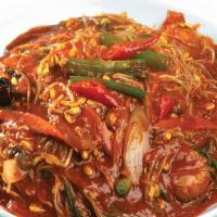 Ah Gu Jim · Spicy steamed monkfish with bean sprouts.