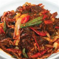 Soon Dae Bokkum · Spicy pan-fried Korean sausage, noodles, and vegetables.