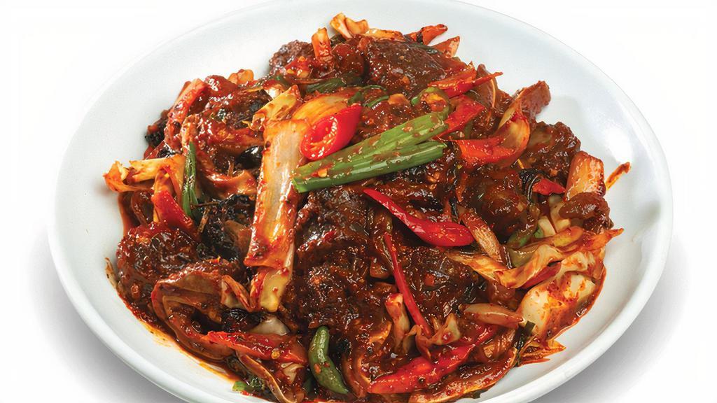 Soon Dae Bokkum · Spicy pan-fried Korean sausage, noodles, and vegetables.