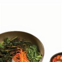 Yul Moo Bibimbob + Soup · Cold radish leaf and vegetables bibimbob and a choice of a soup.