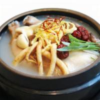 Sam Gye Tang · Whole young chicken soup stuffed with ginseng and sweet rice.