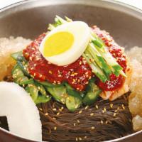 Bibim Naeng Myun · Spicy cold buckwheat noodle and egg.