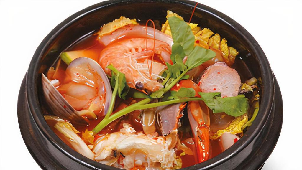 Suk Uh Jigae · Spicy mixed seafood and vegetable stew.