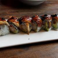 Black Dragon Roll · Shrimp tempura, kani and cucumber, topped with eel and caviar, drizzled with eel sauce.