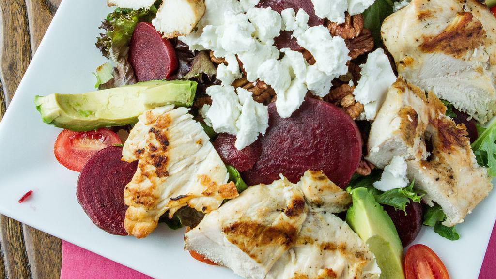 O.A.T (Greatest Of All Time) · Gluten-free. Mixed greens, goat cheese, avocado, roasted beets, grape tomatoes, and pecans. Topped with grilled chicken.