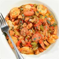 Jazzy Jambalaya · Gluten-free. Cajun-style chicken, andouille sausage, shrimp over a bed of rice.