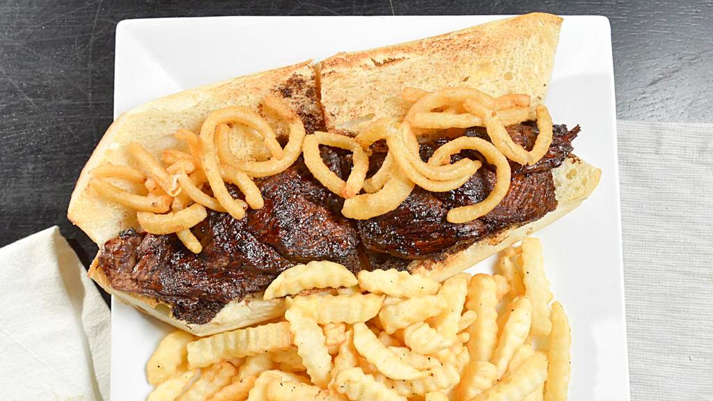 Sliced Steak Sandwich · Marinated and cooked to your liking, served with crispy frazzled onions on a toasted garlic hero.

Menu items can be cooked to order. Consuming raw or undercooked meals, fish, or fresh shell eggs may increase your risk of foodborne illness, especially if you have certain medical conditions.