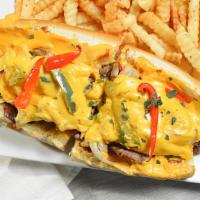 Philly Cheese Steak · Sliced roast beef, sautéed onions, peppers, melted American and nacho cheeses on a hero.