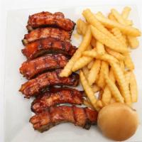 Bbq Ribs Snack · 1/4 rack BBQ ribs choice of side & house roll.