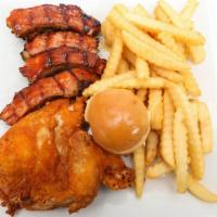 Chicken & Ribs Combo · 2 pieces of chicken leg and thigh, 1/2 rack of ribs, French fries or mashed potato and a roll.