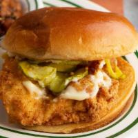 Chicken Sandwich · Fried Chicken Breast with Bread & Butter Pickles and Mayo on a Toasted Roll.