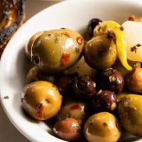  Marinated Olives · Piparras, Hummus