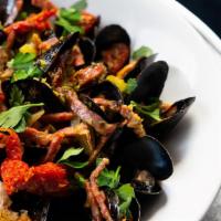 Steamed P.E.I. Mussels         · Soppressata, Shallots, Chimichurri, Sundried Tomatoes,White Wine