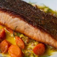 Pan Seared Salmon · Leeks, Farro, Carrots, Saffron Broth