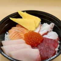 Deluxe Chirashi Don · Fresh ahi, salmon, tako, hamachi, ikura, tamago.