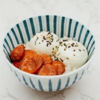 Portuguese Sausage Poached Egg On Rice · Portuguese sausage 2 poached egg on rice
