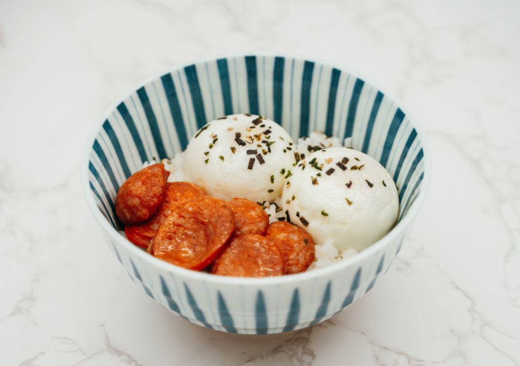 Portuguese Sausage Poached Egg On Rice · Portuguese sausage 2 poached egg on rice