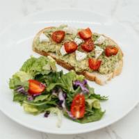 Avocado Veggie Toast With Mini Salad · Creamy avocado spread, cherry tomato, mozzarella cheese.