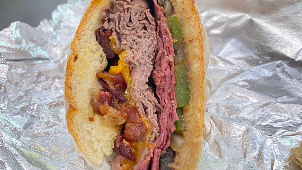 Belly Buster Sandwich  · Roast beef, pastrami, bacon, steak sauce, onions pepper, cheddar  cheese and fresh  mushrooms