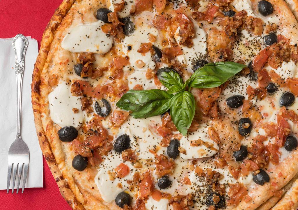 Margarita Pizza · Fresh garlic and olive oil, basil, and fresh Mozzarella cheese.