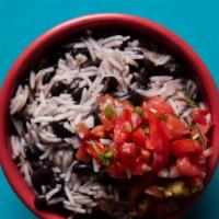 Black Beans & Rice · Black beans and Rice topped with Pico de Gallo