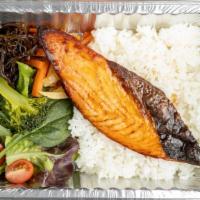 Salmon Teriyaki · Served with rice and veggies.