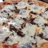 Steak Pizza · Peppers, onion, mozzarella and American or cheese cheese.