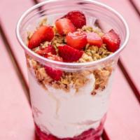 Organic Yogurt And Granola Bowl · Organic yogurt, local raw honey, gluten free granola and fresh strawberries.