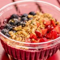 Very Berry Acai Bowl · Blended organic acai, banana, blueberries, apple juice and a splash of almond milk, topped w...