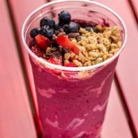 Acai Parfait In A Cup · Acai blended with strawberries, almond butter, peanut butter, vanilla almond milk and honey,...