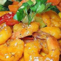 Shrimp Al Ajillo · pan seared shrimp, garlic, red peppers, white wine & saffron
