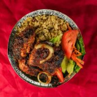 Jerk Chicken · Includes rice and your choice of side.