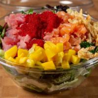 House Poke · Ahi tuna, salmon, sweet onion, cucumber, mixed green, seaweed salad, mango, edamame, cilantr...