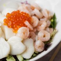 Poke Sea Life · Shrimp, scallop, avocado, cucumber, seaweed salad, romaine lettuce, ikura, sweet onion, onio...