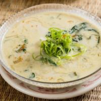 Asian Greens Chowder (Vegan) · Morning Glory, Bok Choy, Potato & Chinese Celery in Coconut Broth with Crispy Garlic