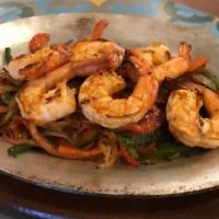 Shrimp Fajita · Grilled Marinated Shrimp. Served with peppers and onions, guacamole, pico de gallo, queso ch...