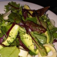 Avocado & Hearts Of Palm Salad · Baby greens with red onion and tossed in a red wine vinaigrette.