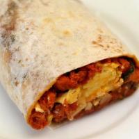 Chorizo Burrito · Mild spicy Mexican pork sausage. Served on a 12'' homemade flour tortilla.